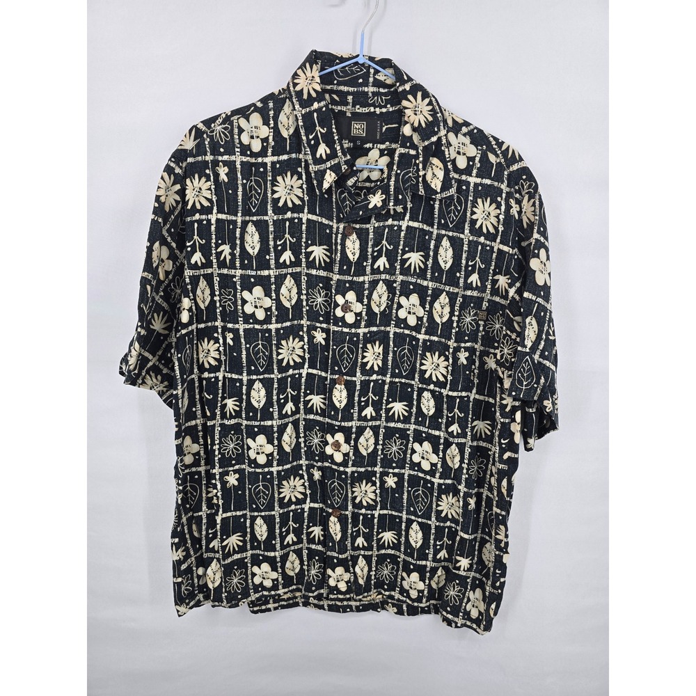 Vintage NO BS Mens Small Black Cream Floral Block Print Button Down Shirt USA